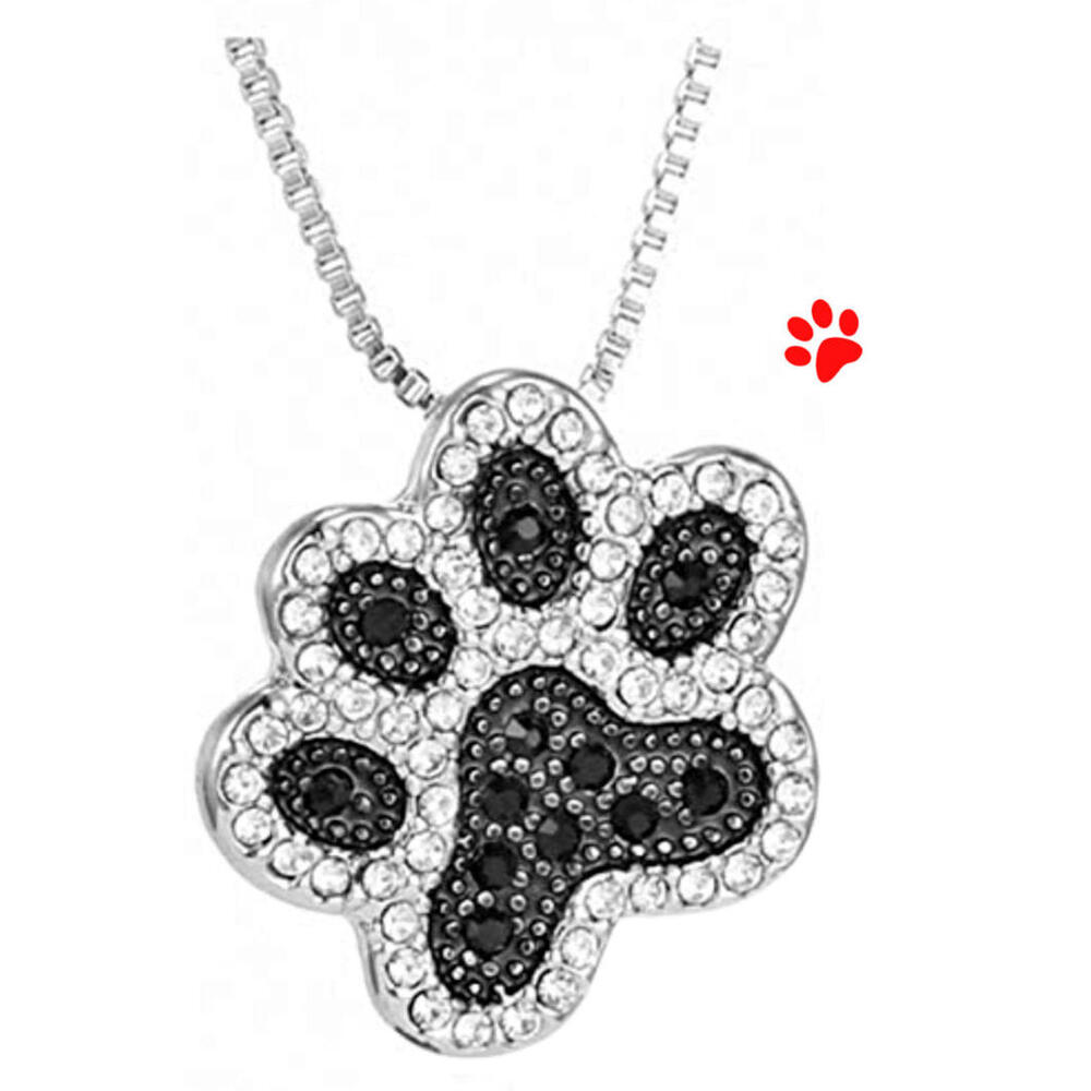 Dog Cat Paw Print Bling Rhinestone Necklace Pendant Silver with Black Stones